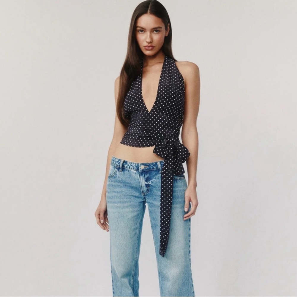With Jean Black Polka Dot Halter Wrap Camisole
